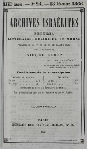 Archives israélites de France. Vol.27 N°24 (15 déc. 1866)